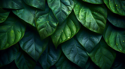 Fototapeta premium A close-up of lush green leaves arranged in layers, adorned with glistening water droplets, showcasing natural freshness and texture. 