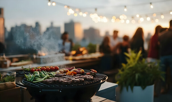 Rooftop BBQ party grilling sunset city