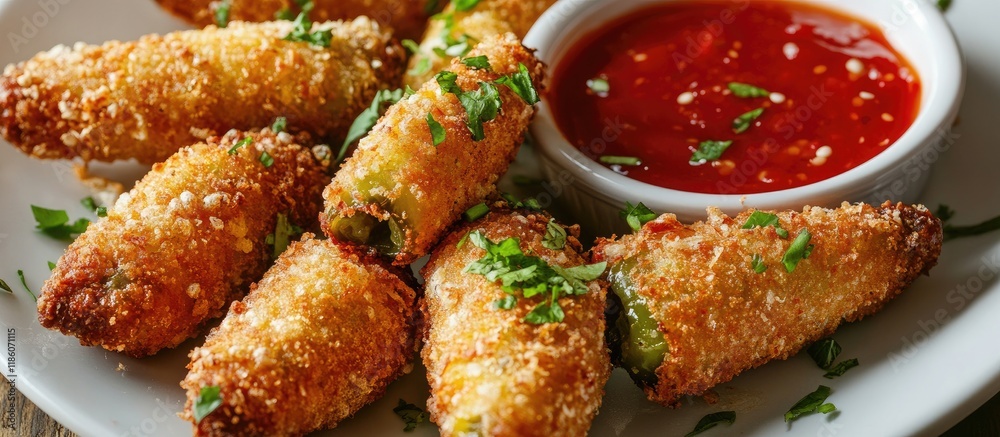 Aufkleber fried jalapeno poppers accompanied by red dipping sauce on a white plate. with copy space image. pla