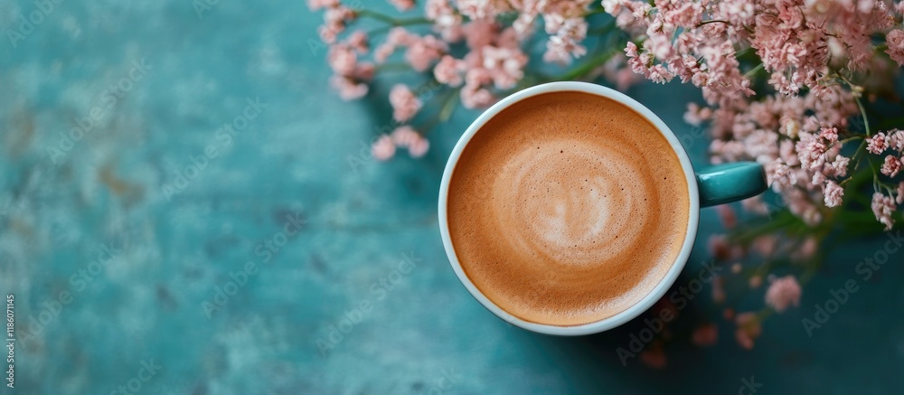 Poster Vertical image of coffee and a flower. with copy space image. Place for adding text or design