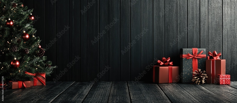 Poster christmas still life featuring gifts on a black wooden surface alongside a christmas tree new year p