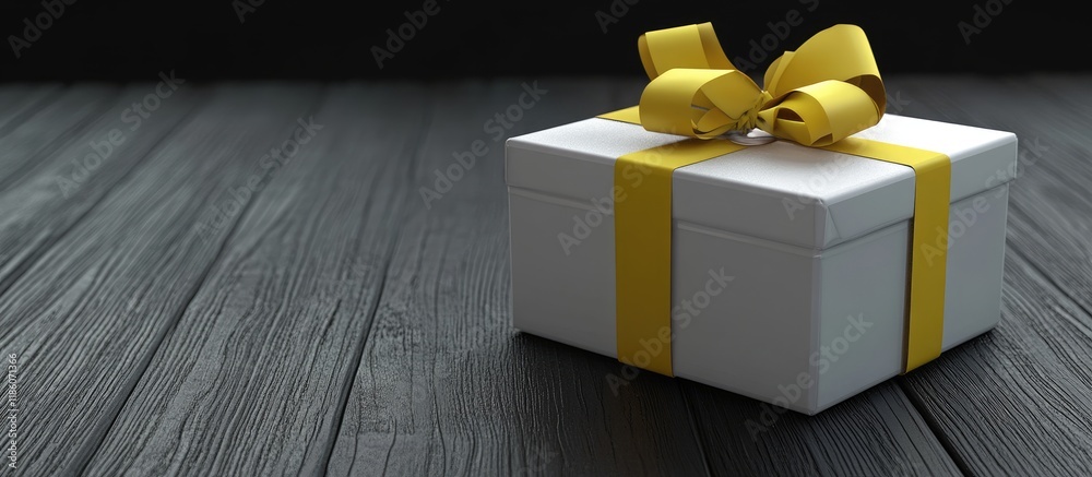 Poster White gift box with a yellow ribbon and tag on a wooden table with space and a black background. with copy space image. Place for adding text or design