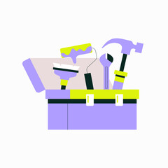 Toolbox With Tools Including Hammer Wrench And Paint Roller In Flat Vector Illustration Symbolizing Repair, Construction, And Maintenance, Isolated On White Background