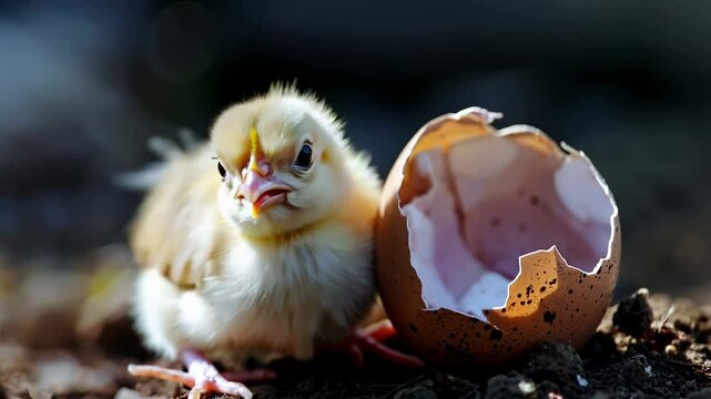 The chicken comes out of the egg shell and squeaks
