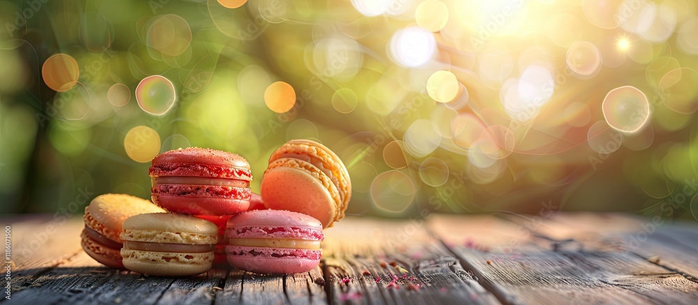 Poster delicious light sweet french pastries on a rustic table macaron desserts in the summer evening in th