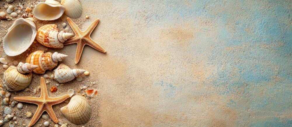Poster seashells and starfish on a sandy background with copyspace