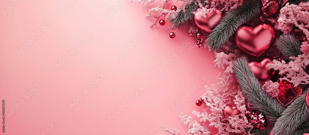 Poster pink valentine s day backdrop happy holiday wishes concept space for text flat arrangement. with cop