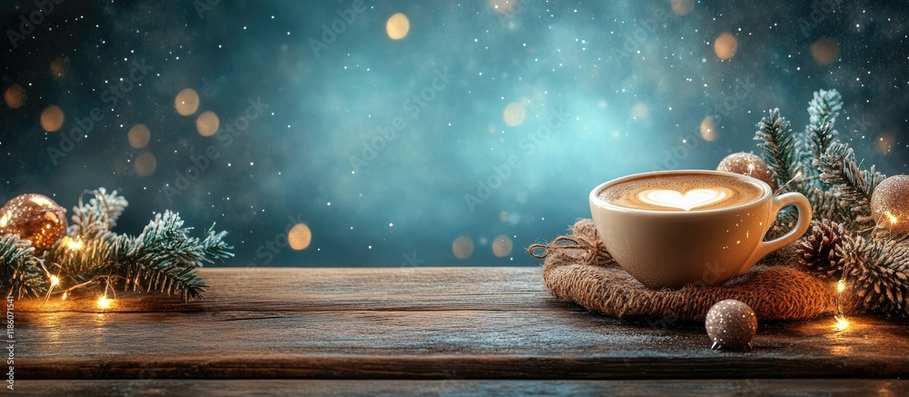 Aufkleber cup of coffee with christmas decor on a wooden table against a grunge background. with copy space im