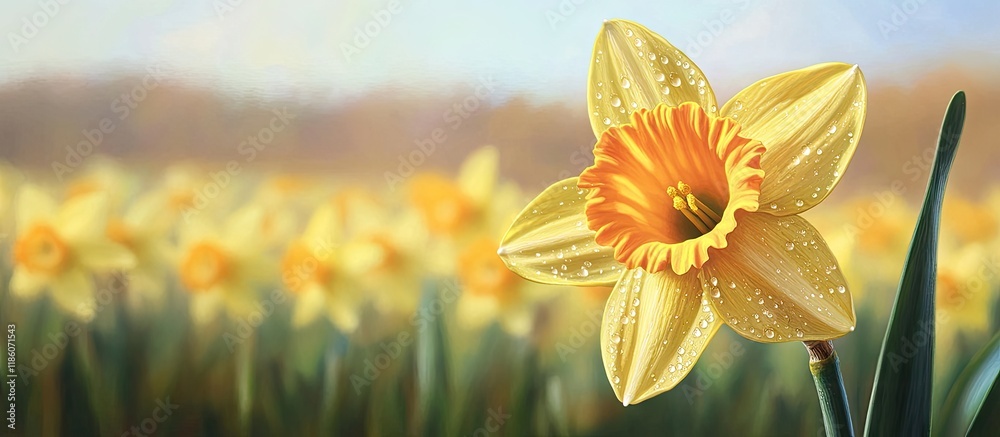 Leinwandbilder Close up of a yellow daffodil blossom in front of a field of daffodils in the background adorned with dew drops in spring. with copy space image. Place for adding text or design