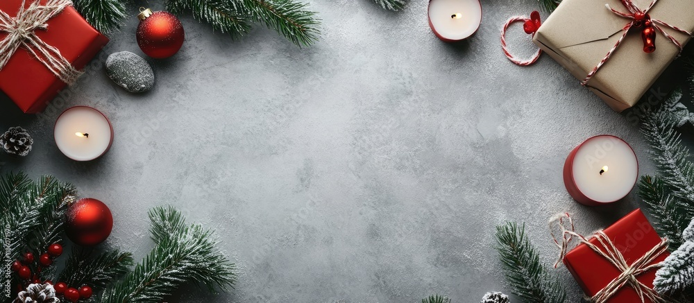 Poster Merry Christmas card featuring paper a gift box candles and a fir tree branch on a stone background Red accessories Holiday mockup Top view. with copy space image. Place for adding text or design
