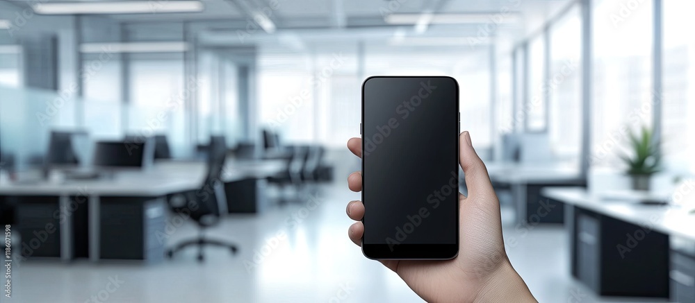 Poster Hand holding a mobile phone against a white background in a composite image of an office. with copy space image. Place for adding text or design