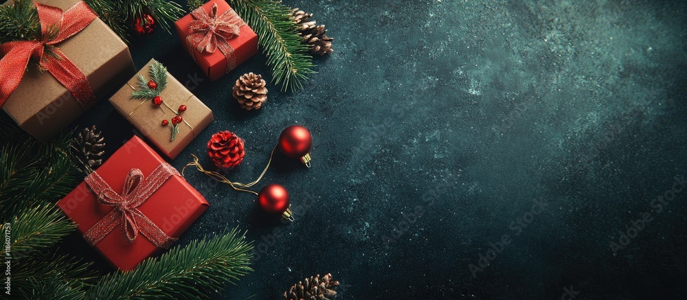 Aufkleber Create gift boxes and presents adorned with Christmas decorations on a craft background. with copy space image. Place for adding text or design