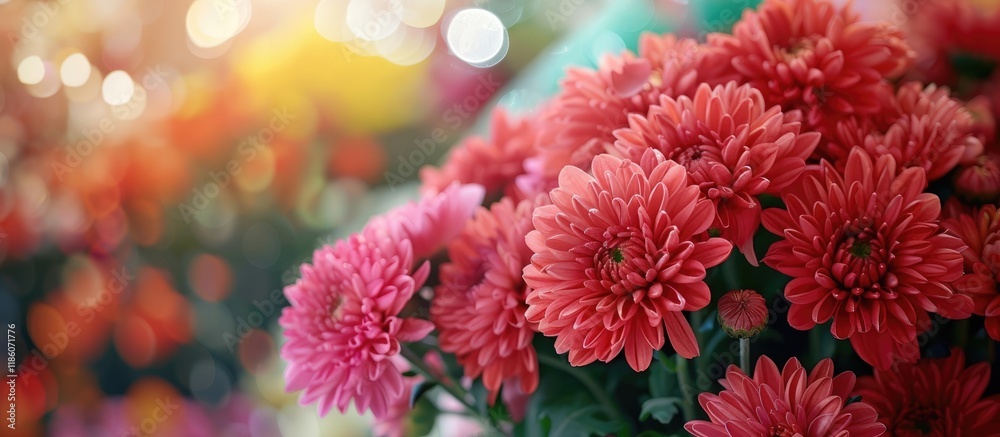 Poster red chrysanthemums bouquet in flower shop as background. with copy space image. place for adding tex