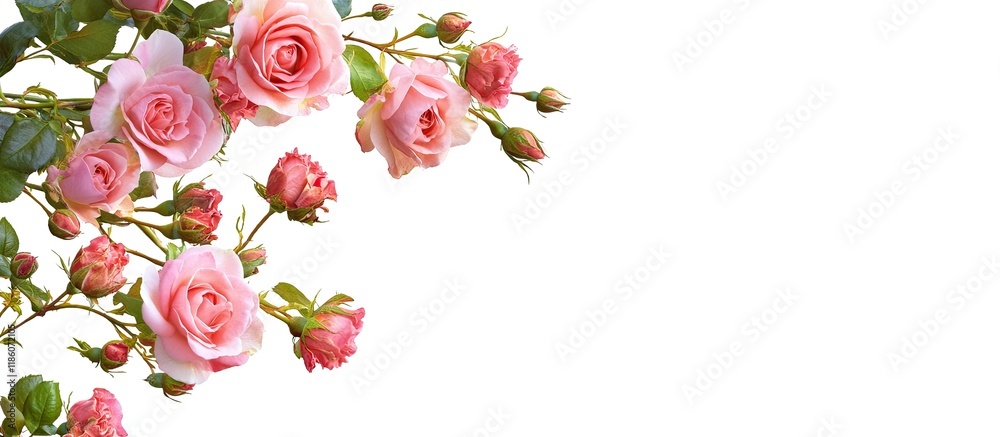 Poster Pink rose flowers in a corner floral arrangement set against a white background. with copy space image. Place for adding text or design