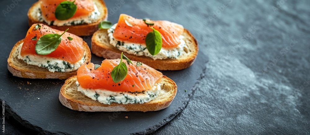 Aufkleber Baguette slices topped with soft cheese and salmon on a slate board vintage toned. with copy space image. Place for adding text or design