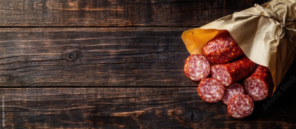 Leinwandbilder smoked sausage and sliced finnish salami wrapped in paper placed on a wooden background. with copy s
