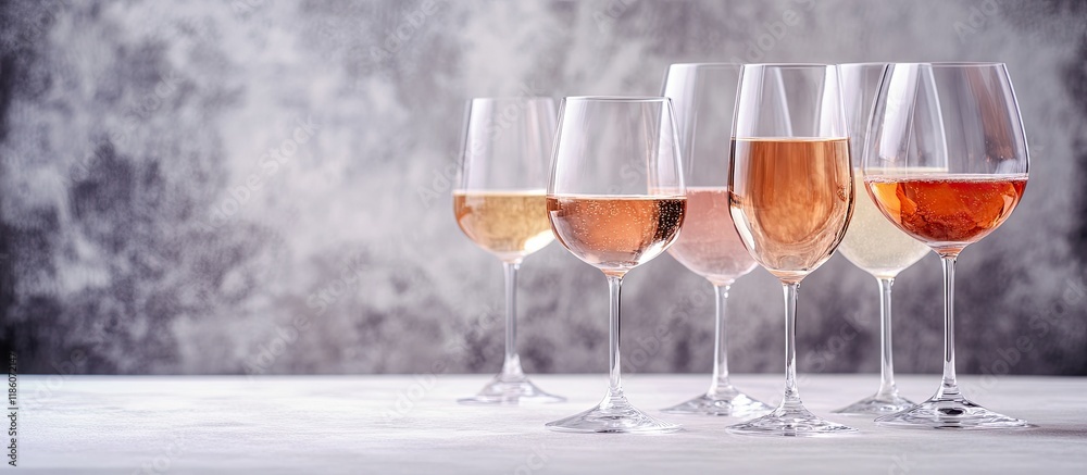 Poster rose wine in various glasses on a light concrete background minimal wine arrangement on a white tabl