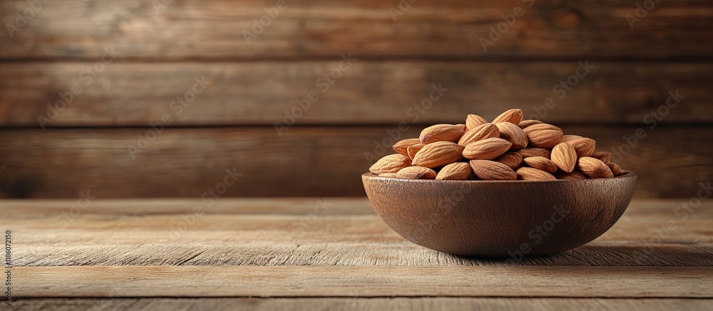 Aufkleber Almonds in a bowl on a wooden table background with copy space