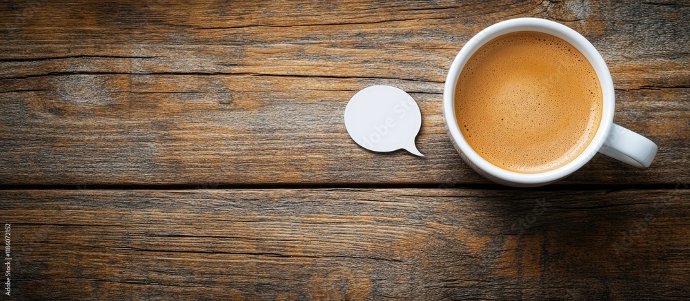 Aufkleber Cup of coffee with a speech bubble on a wooden table. with copy space image. Place for adding text or design