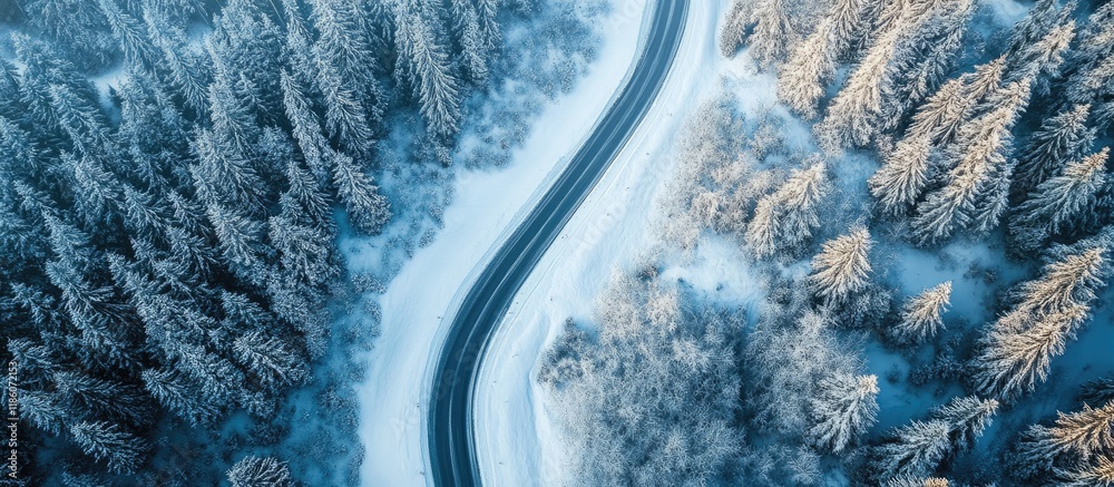 Poster Aerial view of a road in a snowy valley. with copy space image. Place for adding text or design
