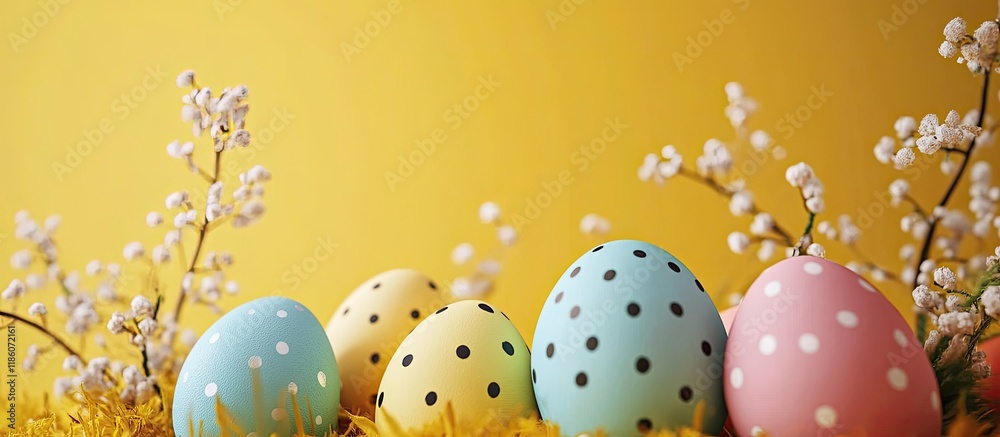 Fototapete easter mockup vibrant easter eggs and decorations on a yellow backdrop holiday theme with room for t