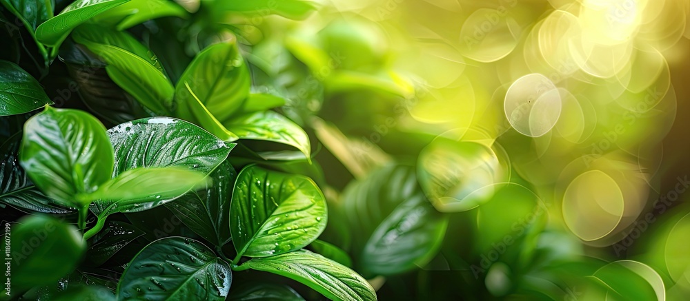 Leinwandbilder Close Up of Shimmering Fresh Green Leaves. with copy space image. Place for adding text or design