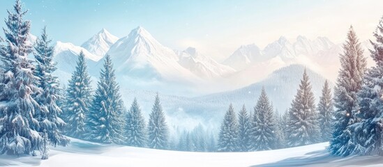 Winter mountain view with snow laden pines and Christmas trees Concept of the winter season. with copy space image. Place for adding text or design