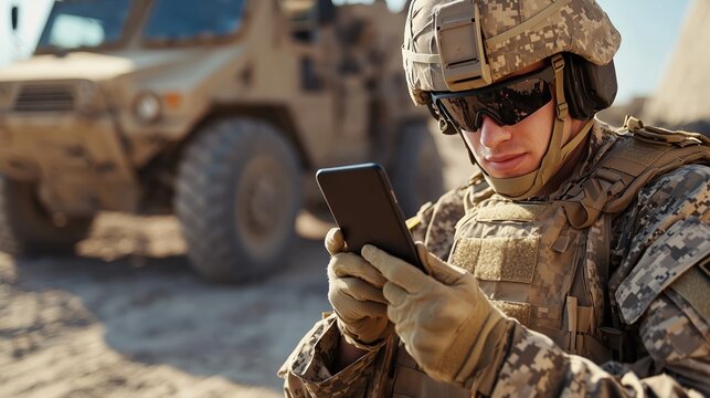 Soldier communicates with family on smartphone while stationed at base with armored vehicle in background