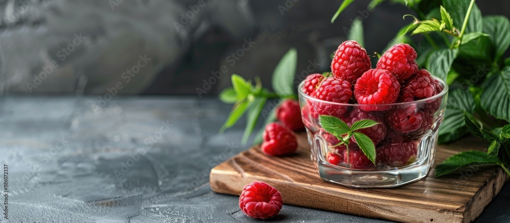 Poster Ripe juicy raspberries in a clear glass on a wooden board with green leaves in the background Dark gray backdrop text space available. with copy space image. Place for adding text or design