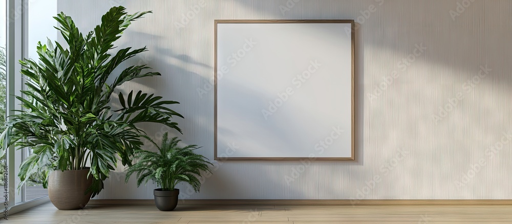 Poster whiteboard for mockup on a bare wall in a room with potted plants beside it. with copy space image. 