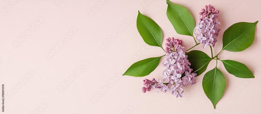 Poster minimal template featuring blank copy space along with a branch of lilac flowers and two green leave