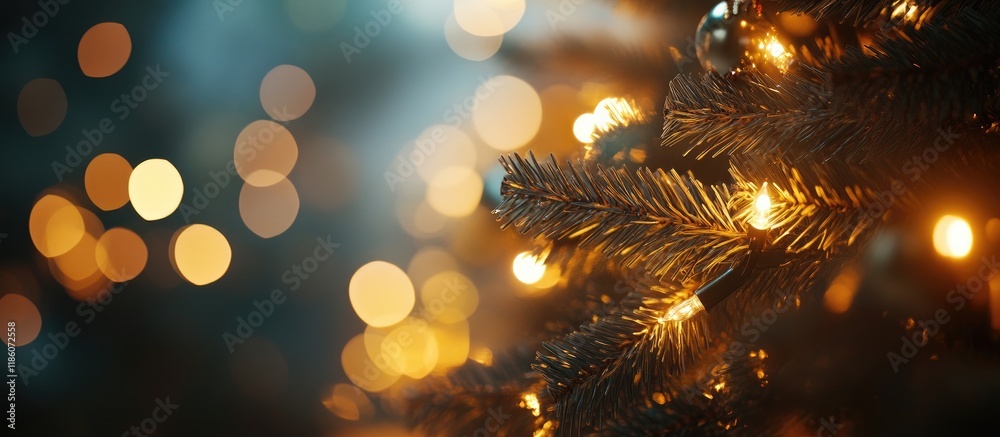 Aufkleber Background of a lit Christmas tree Selective focus Holiday. with copy space image. Place for adding text or design