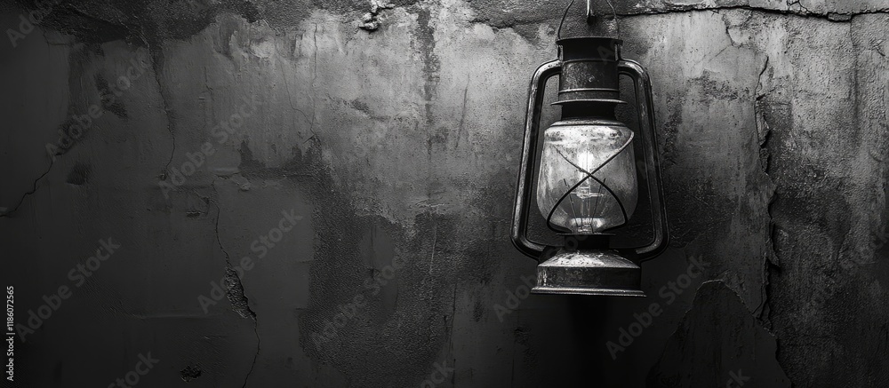 Poster old lantern without bulb in black and white deserted old building yard lantern against a dirty grung