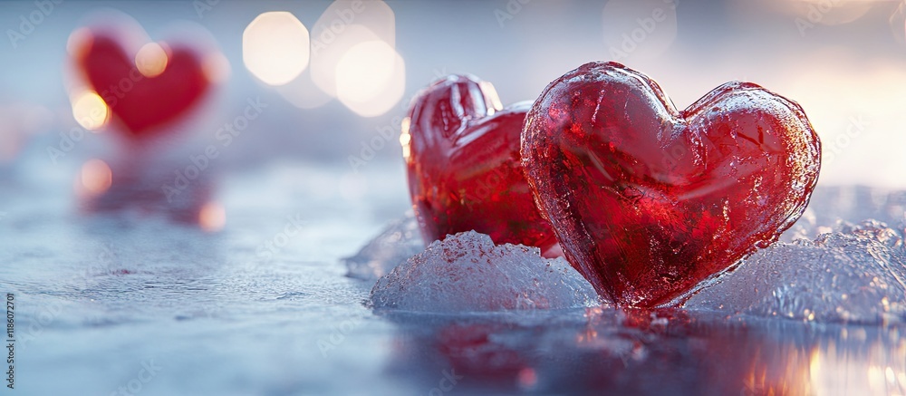 Leinwandbilder Red hearts on the frozen surface. with copy space image. Place for adding text or design