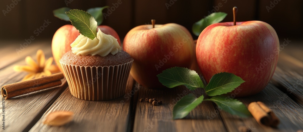 Poster apples and cinnamon components for cupcakes featuring copy space