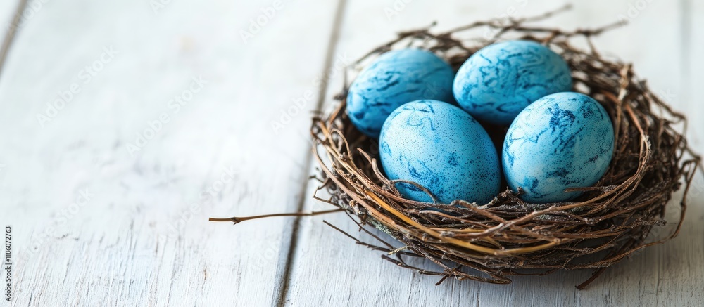 Aufkleber blue easter eggs placed in a vine nest on a white wooden surface festive background for a postcard o