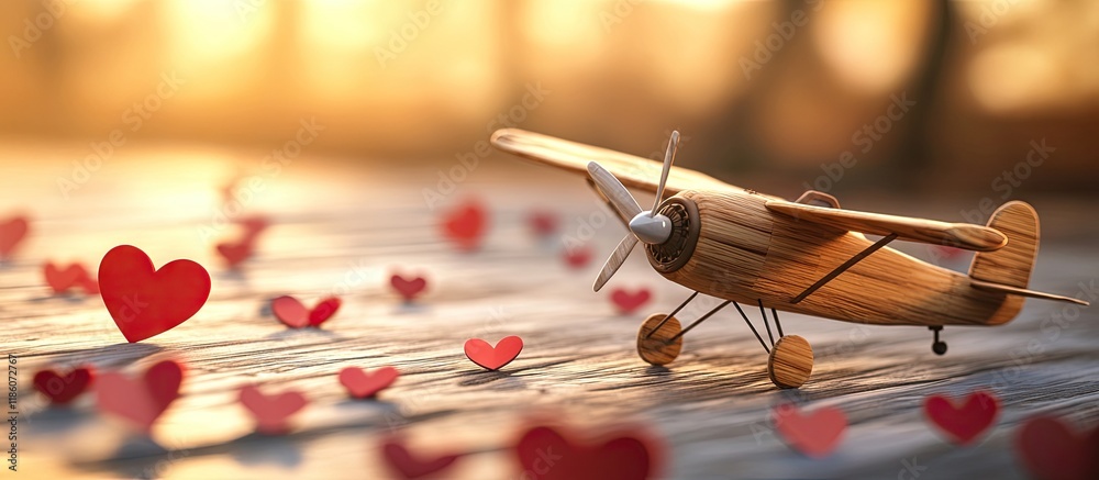 Poster small wooden airplane leaving red hearts valentine theme with depth of field. with copy space image.