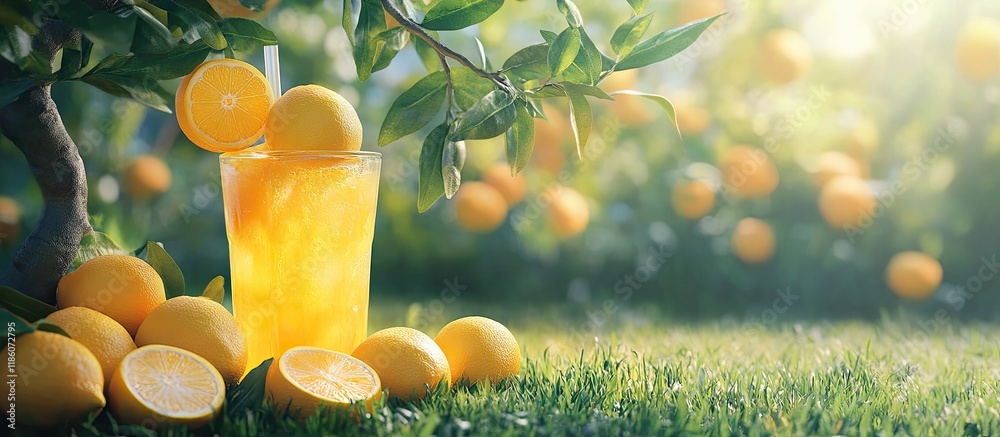 Poster lemonade in a glass with lemons and oranges on a tree set against a background of green grass. with 