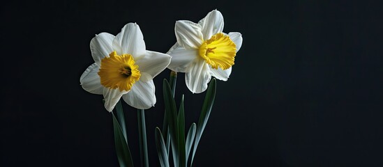 White and yellow daffodils set against a dark black background. with copy space image. Place for adding text or design