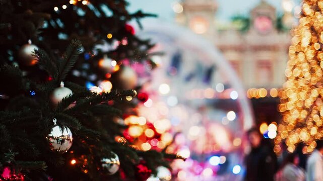 Close up of decorations on a Christmas tree in Monaco in the evening