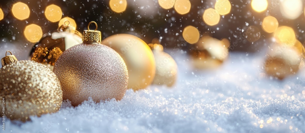 Aufkleber christmas golden ornaments on the snow close up. with copy space image. place for adding text or des