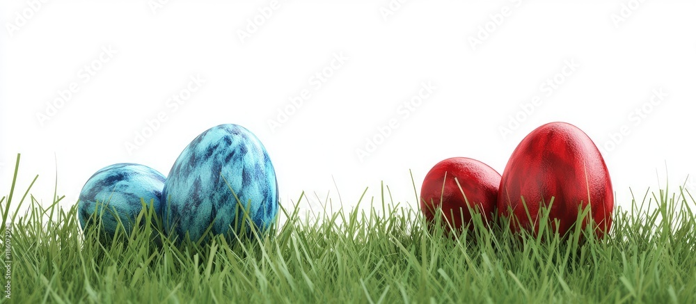 Leinwandbilder blue and red easter eggs on artificial green lawn grass with a blank white background. with copy spa