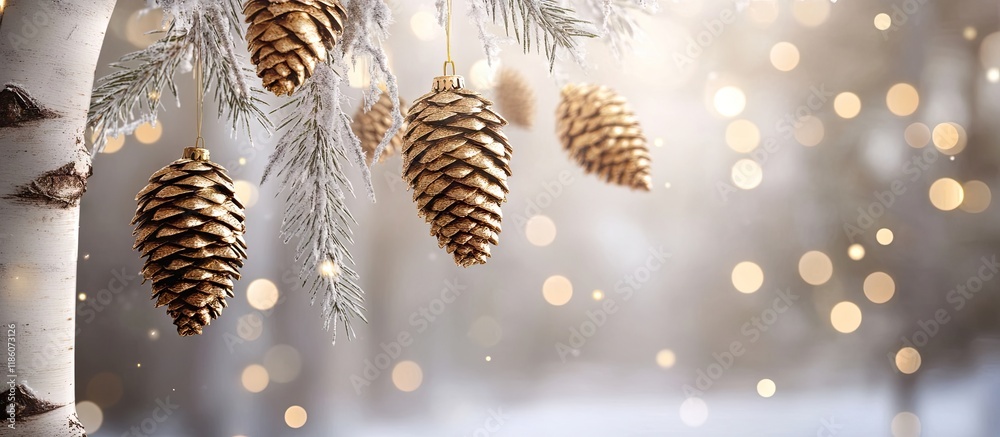 Aufkleber environmentalist Christmas tree with golden cones suspended from white birch branches. with copy space image. Place for adding text or design