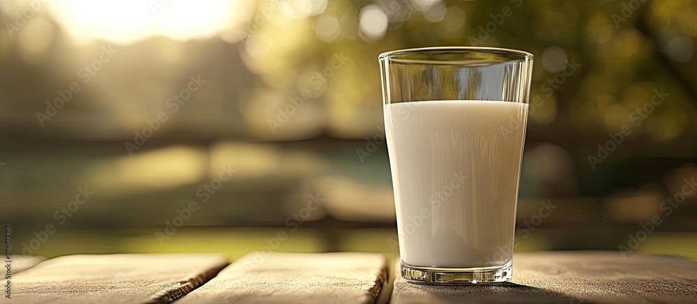 Poster Milk in a glass against a blurred natural background A glass of milk on a table Fresh milk and springtime High quality image Copy space for text