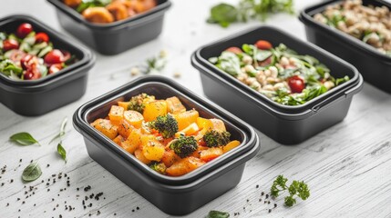 Obraz premium Healthy lunch box with fresh vegetables and protein options in black containers on a white wooden surface for meal prep enthusiasts