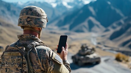 Soldier connects with spouse while on duty at remote checkpoint in rugged terrain