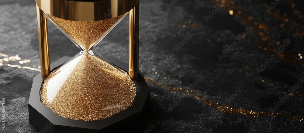 Aufkleber close up of a modern hexagon hourglass filled with golden sand on a black table with copy space conc
