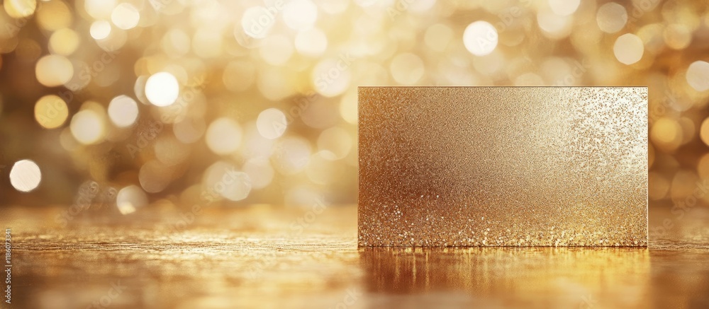 Poster Gold with a place card set against a shimmering background. with copy space image. Place for adding text or design