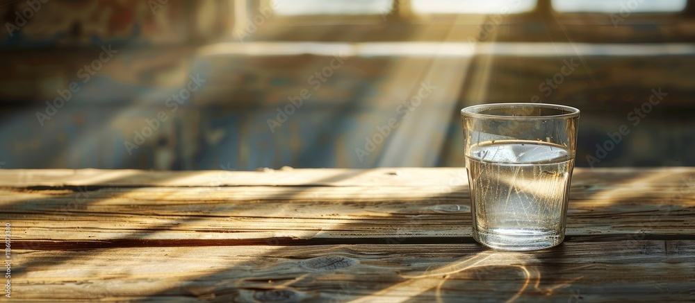 Aufkleber A wooden table with sunlight and a glass of water. with copy space image. Place for adding text or design