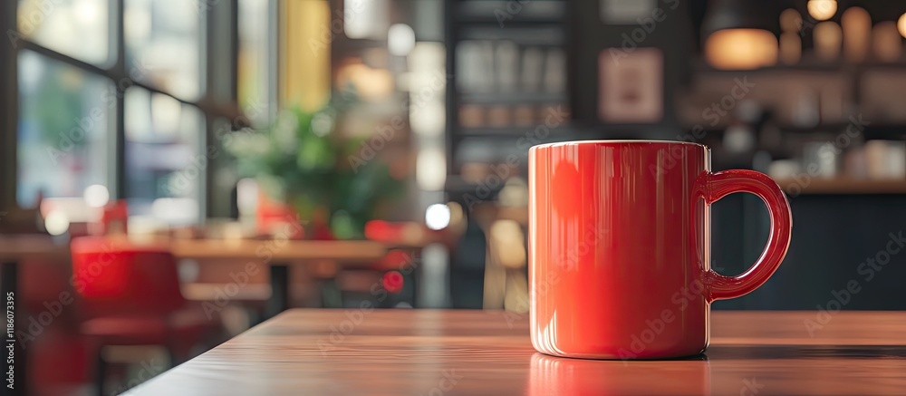Aufkleber Red coffee cup sitting empty on the table in a cafe. with copy space image. Place for adding text or design